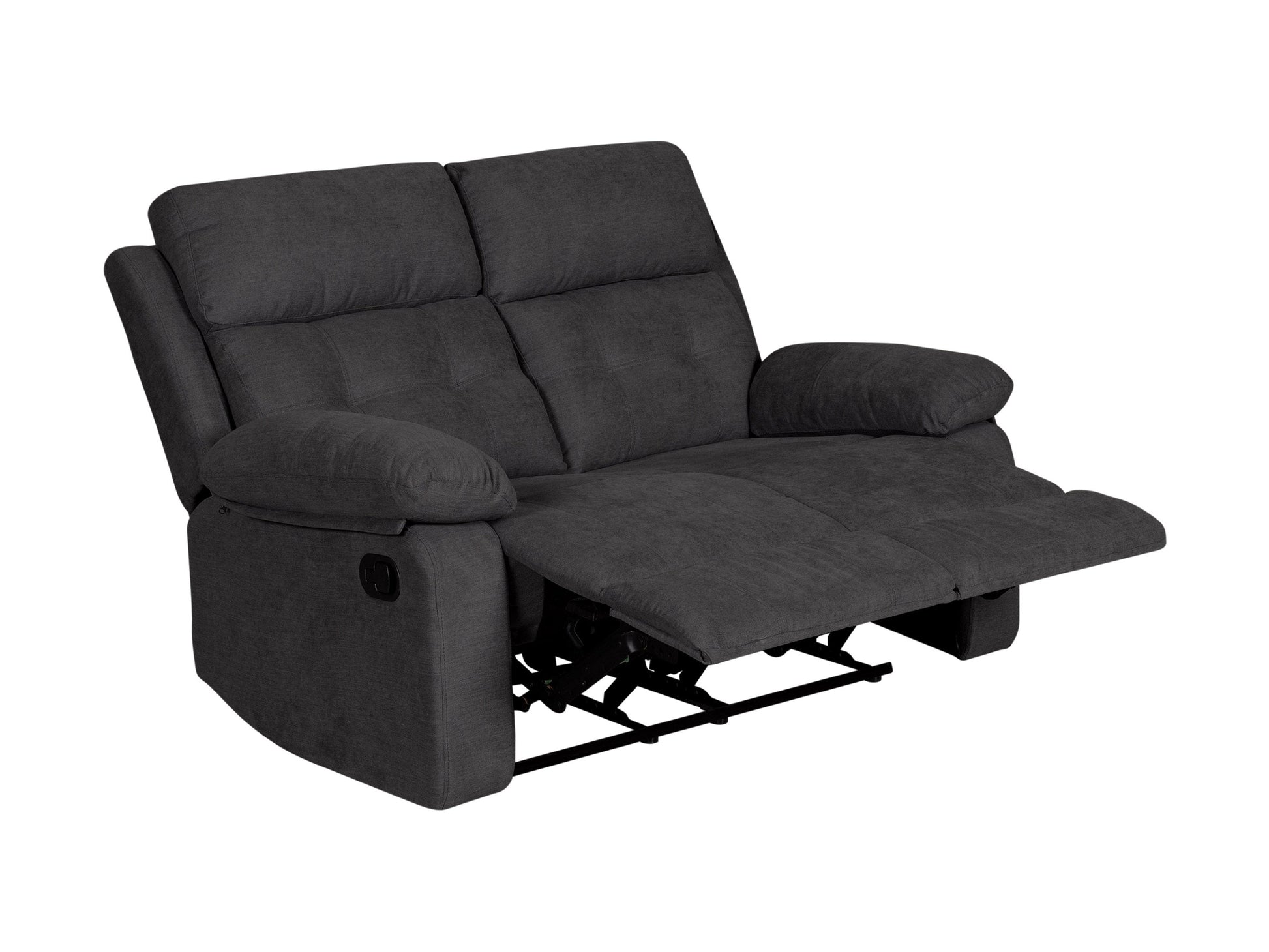Dark grey 2 seater recliner sofa with plush cushions, soft fabric upholstery, and manual reclining mechanism. Perfect for living rooms or home theaters, offering comfort and style with a modern design.