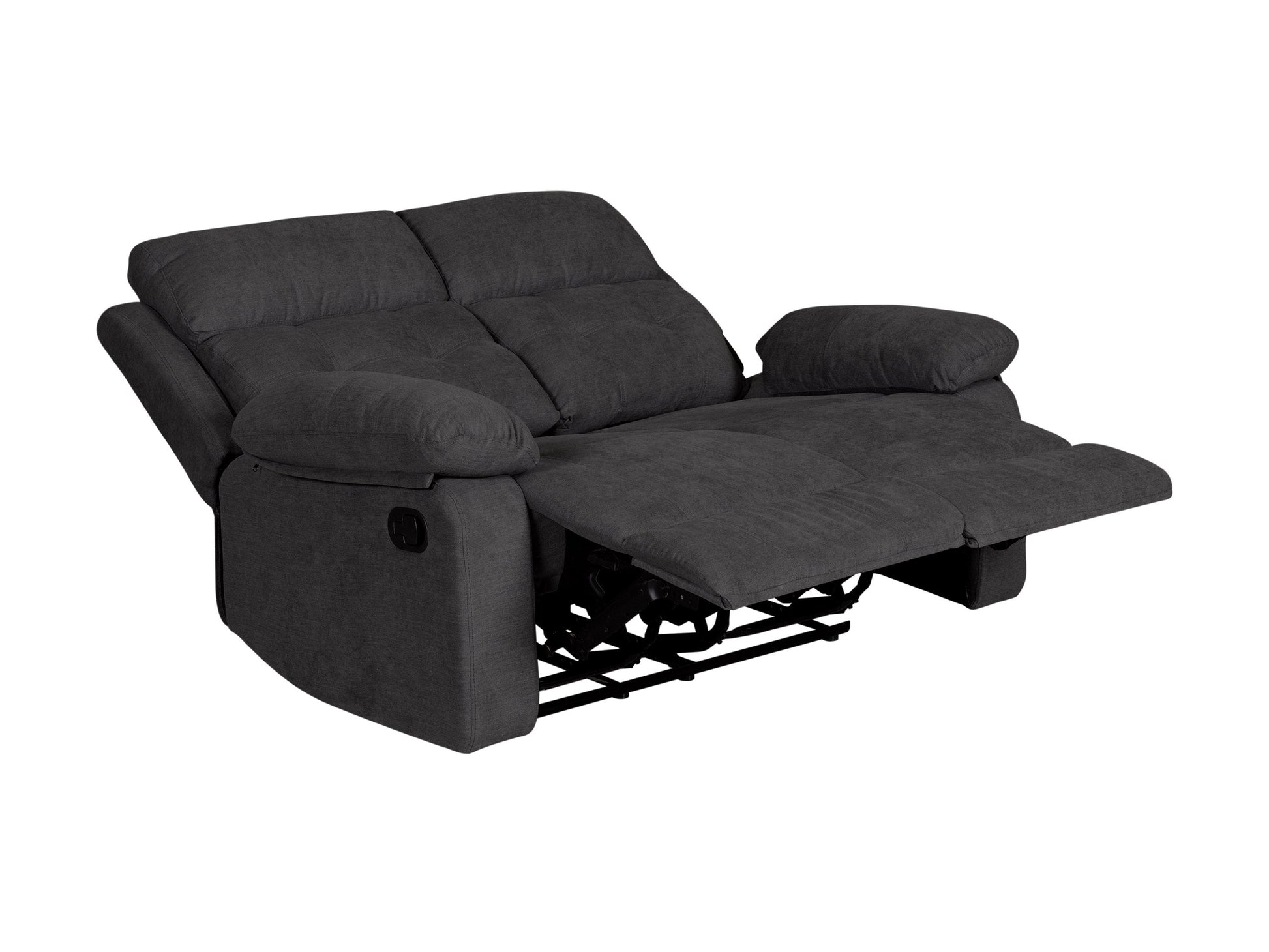 Dark grey 2 seater recliner sofa with plush cushions, soft fabric upholstery, and manual reclining mechanism. Perfect for living rooms or home theaters, offering comfort and style with a modern design.