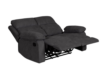Dark grey 2 seater recliner sofa with plush cushions, soft fabric upholstery, and manual reclining mechanism. Perfect for living rooms or home theaters, offering comfort and style with a modern design.