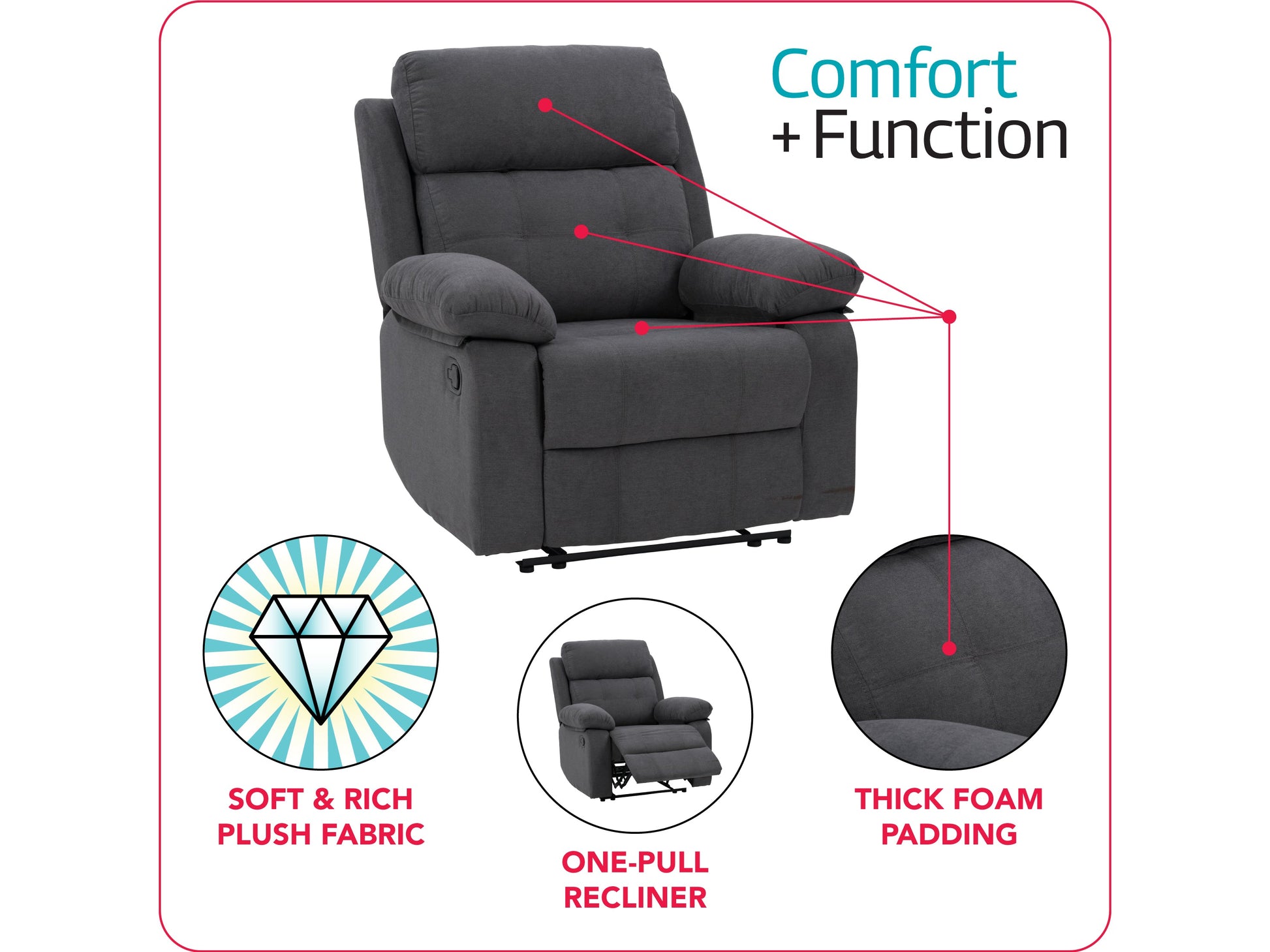 Dark grey extra wide recliner with plush cushions, soft fabric upholstery, and a sturdy metal frame. Ideal for living room comfort, featuring a reclining mechanism and spacious seating for ultimate relaxation.