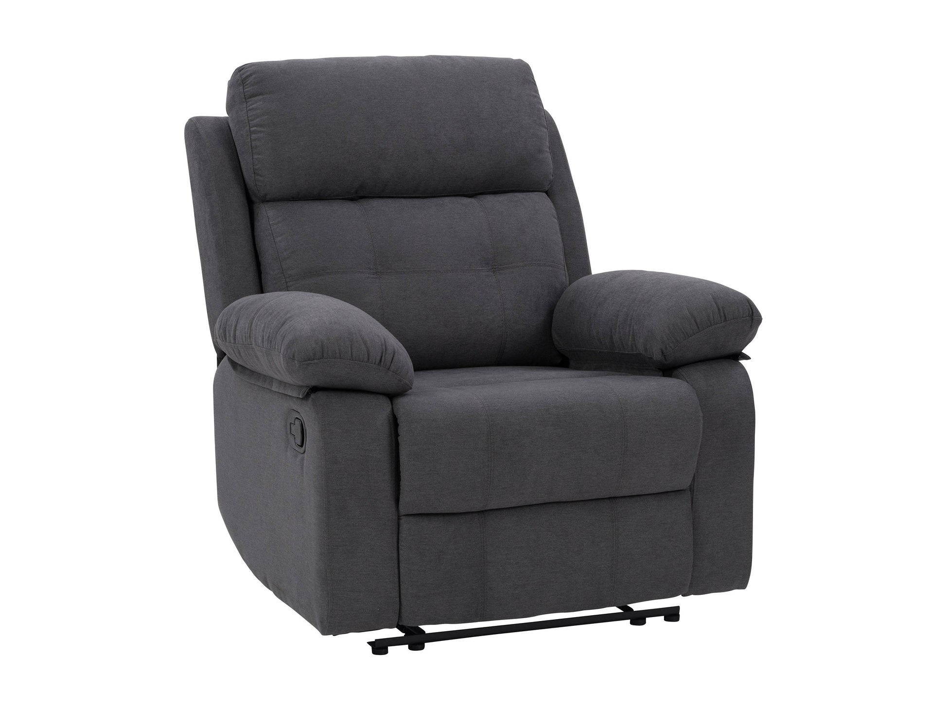 Dark grey extra wide recliner with plush cushions, soft fabric upholstery, and a sturdy metal frame. Ideal for living room comfort, featuring a reclining mechanism and spacious seating for ultimate relaxation.