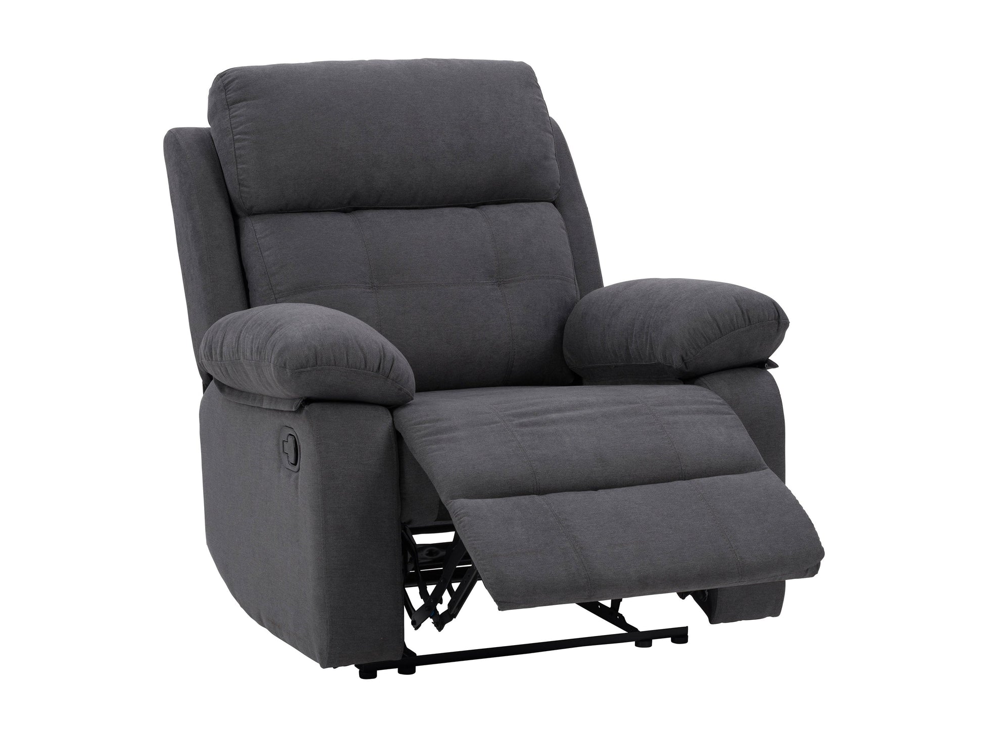 Dark grey extra wide recliner with plush cushions, soft fabric upholstery, and a sturdy metal frame. Ideal for living room comfort, featuring a reclining mechanism and spacious seating for ultimate relaxation.