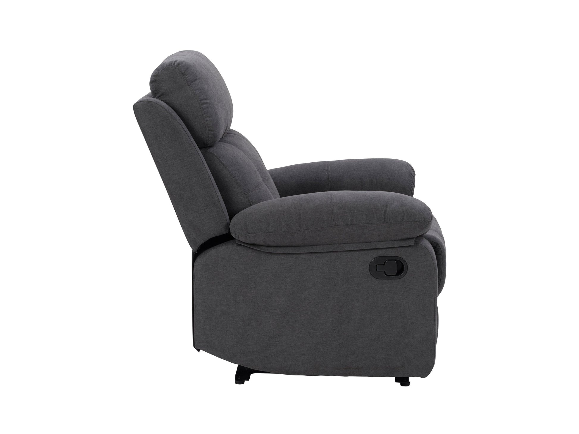 Dark grey extra wide recliner with plush cushions, soft fabric upholstery, and a sturdy metal frame. Ideal for living room comfort, featuring a reclining mechanism and spacious seating for ultimate relaxation.