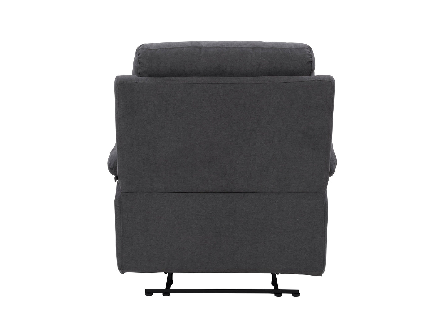 Dark grey extra wide recliner with plush cushions, soft fabric upholstery, and a sturdy metal frame. Ideal for living room comfort, featuring a reclining mechanism and spacious seating for ultimate relaxation.