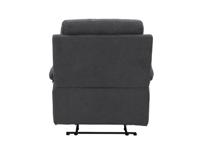 Dark grey extra wide recliner with plush cushions, soft fabric upholstery, and a sturdy metal frame. Ideal for living room comfort, featuring a reclining mechanism and spacious seating for ultimate relaxation.