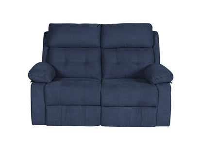 Blue 2-seater recliner sofa with plush cushions, sleek faux leather upholstery, and sturdy metal frame. Features dual reclining seats, padded armrests, and modern design perfect for small living rooms or cozy spaces.