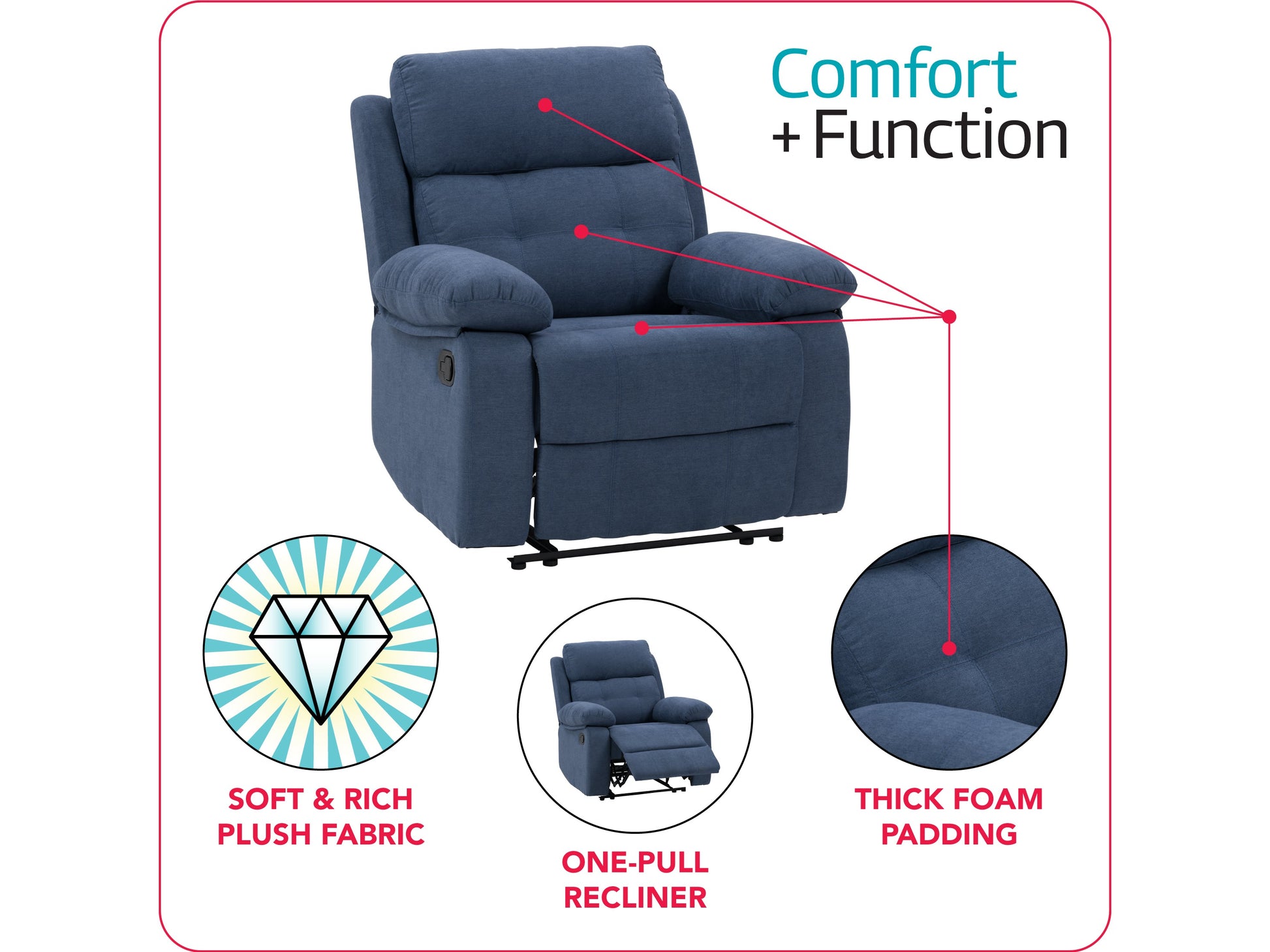 Extra wide blue recliner with plush fabric upholstery, padded armrests, and a sturdy wooden frame; ideal for living rooms and home theaters.