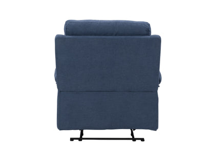 Extra wide blue recliner with plush fabric upholstery, padded armrests, and a sturdy wooden frame; ideal for living rooms and home theaters.