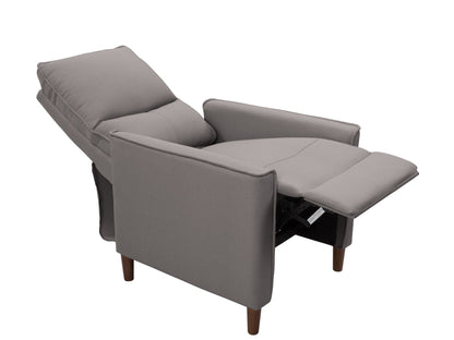 Light grey mid-century recliner with wooden legs, tufted back, and soft fabric upholstery, perfect for modern living rooms.