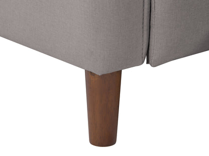 Light grey mid-century recliner with wooden legs, tufted back, and soft fabric upholstery, perfect for modern living rooms.