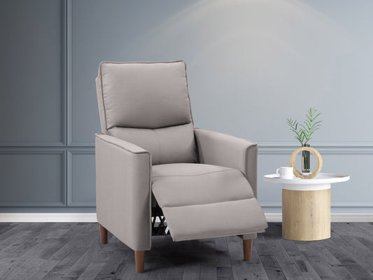 Light grey mid-century recliner with wooden legs, tufted back, and soft fabric upholstery, perfect for modern living rooms.