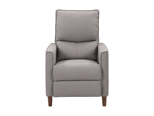 Light grey mid-century recliner with wooden legs, tufted back, and soft fabric upholstery, perfect for modern living rooms.