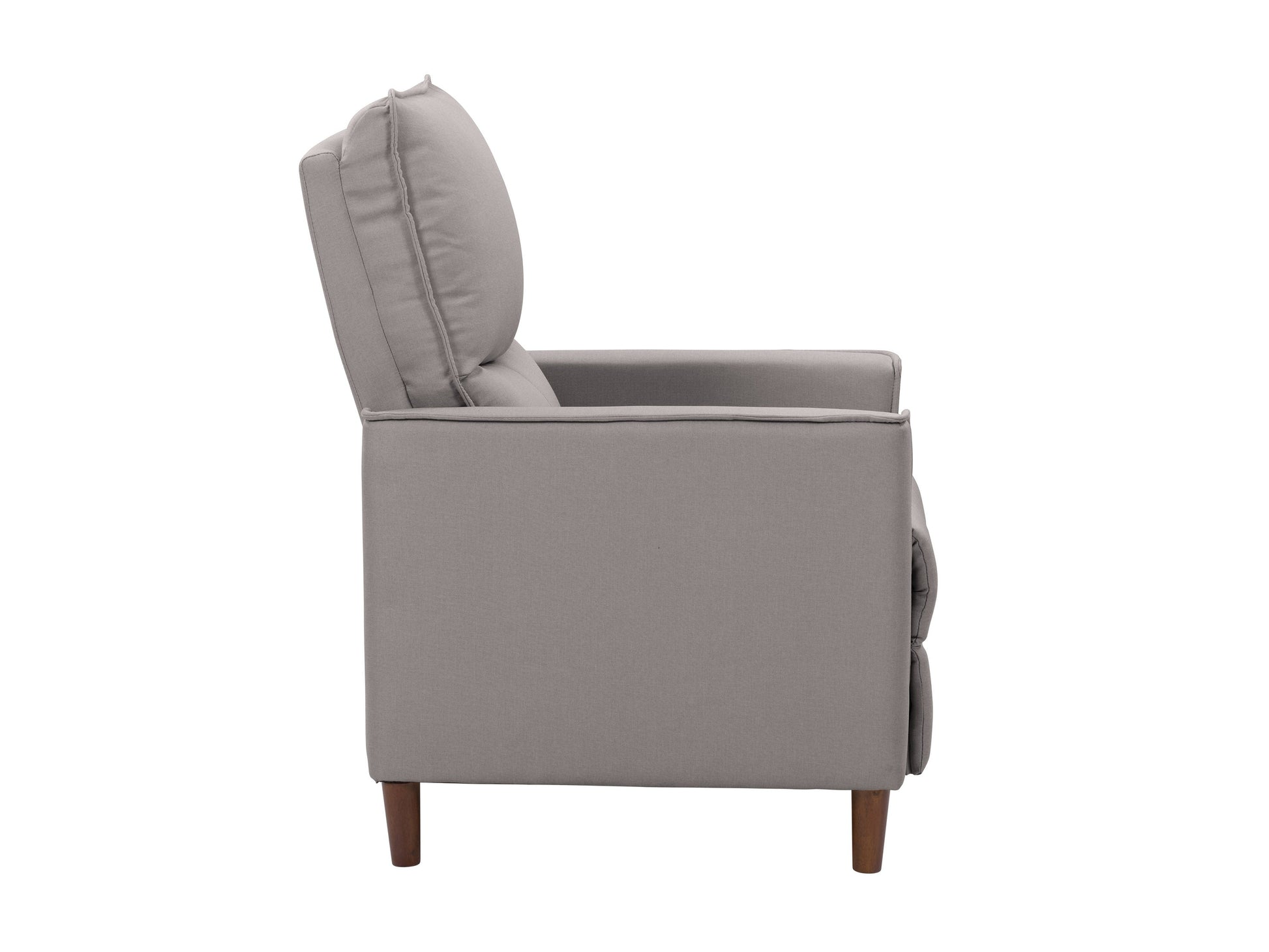 Light grey mid-century recliner with wooden legs, tufted back, and soft fabric upholstery, perfect for modern living rooms.
