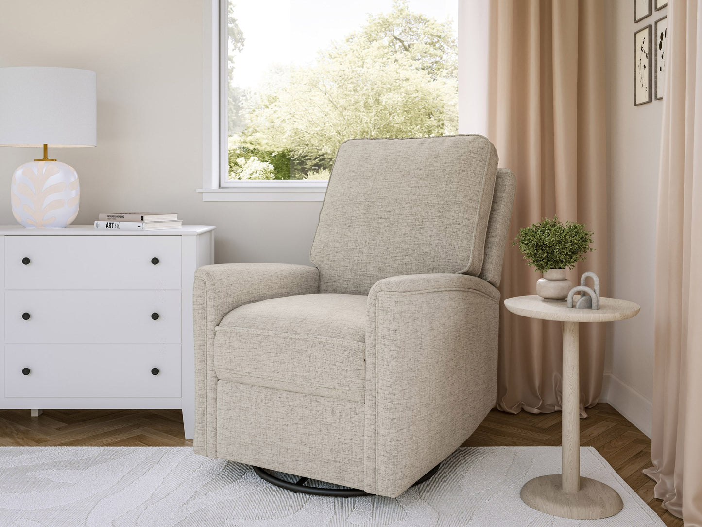 Beige swivel glider recliner chair with plush cushions, smooth fabric, and ergonomic design for comfort and relaxation. Ideal for living rooms or nurseries.