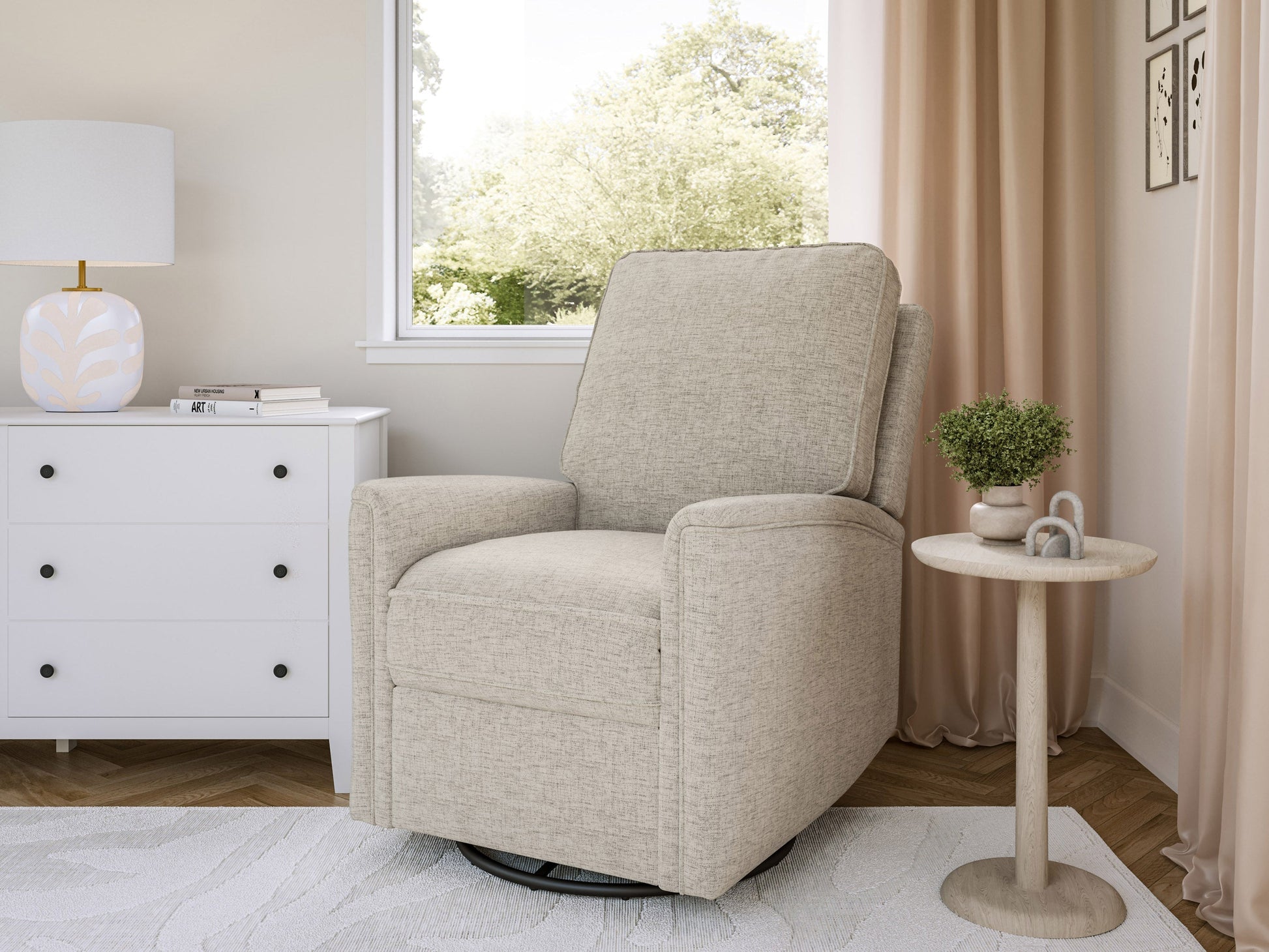 Beige swivel glider recliner chair with plush cushions, smooth fabric, and ergonomic design for comfort and relaxation. Ideal for living rooms or nurseries.