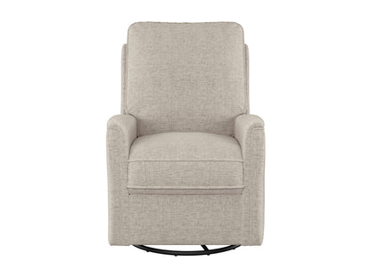 Beige swivel glider recliner chair with plush cushions, smooth fabric, and ergonomic design for comfort and relaxation. Ideal for living rooms or nurseries.