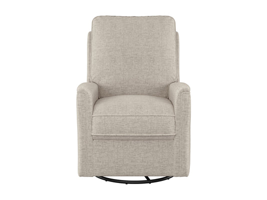 Beige swivel glider recliner chair with plush cushions, smooth fabric, and ergonomic design for comfort and relaxation. Ideal for living rooms or nurseries.
