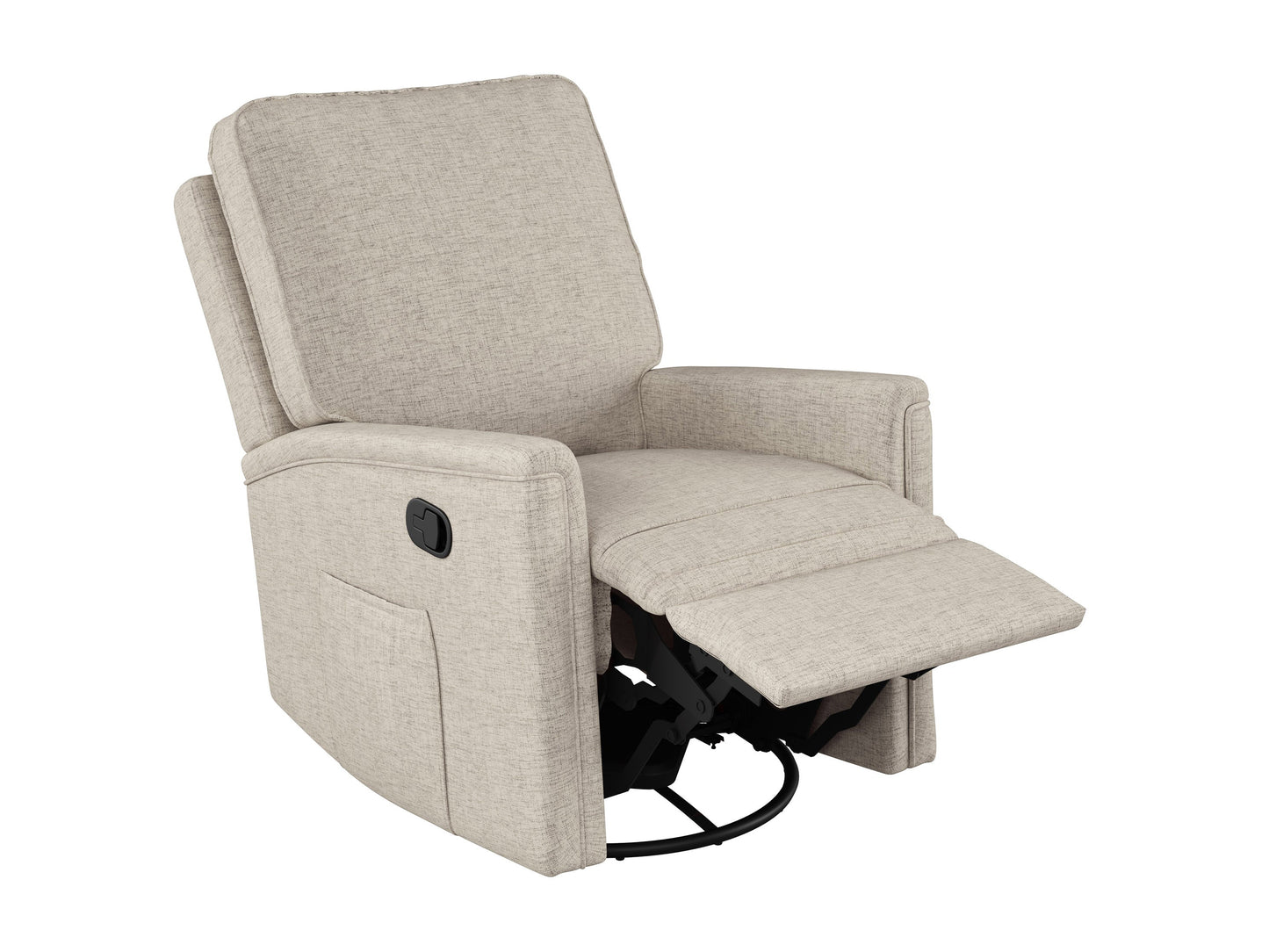 Beige swivel glider recliner chair with plush cushions, smooth fabric, and ergonomic design for comfort and relaxation. Ideal for living rooms or nurseries.