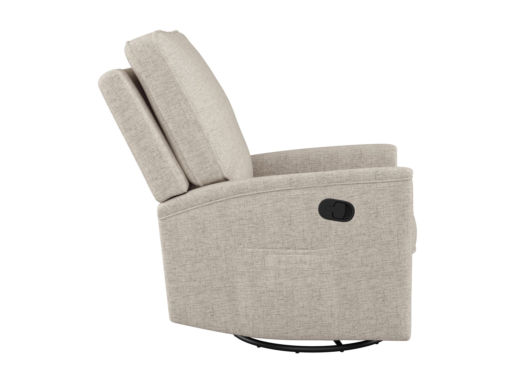 Beige swivel glider recliner chair with plush cushions, smooth fabric, and ergonomic design for comfort and relaxation. Ideal for living rooms or nurseries.