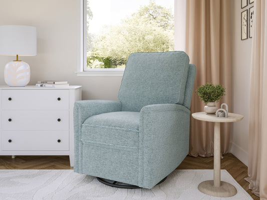 Blue swivel glider recliner chair with plush cushions, ergonomic design, and durable fabric upholstery, perfect for living room or nursery.