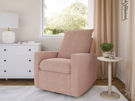 Pink boucle glider recliner chair with plush upholstery, smooth gliding mechanism, and ergonomic design. Ideal for modern living rooms or nurseries.