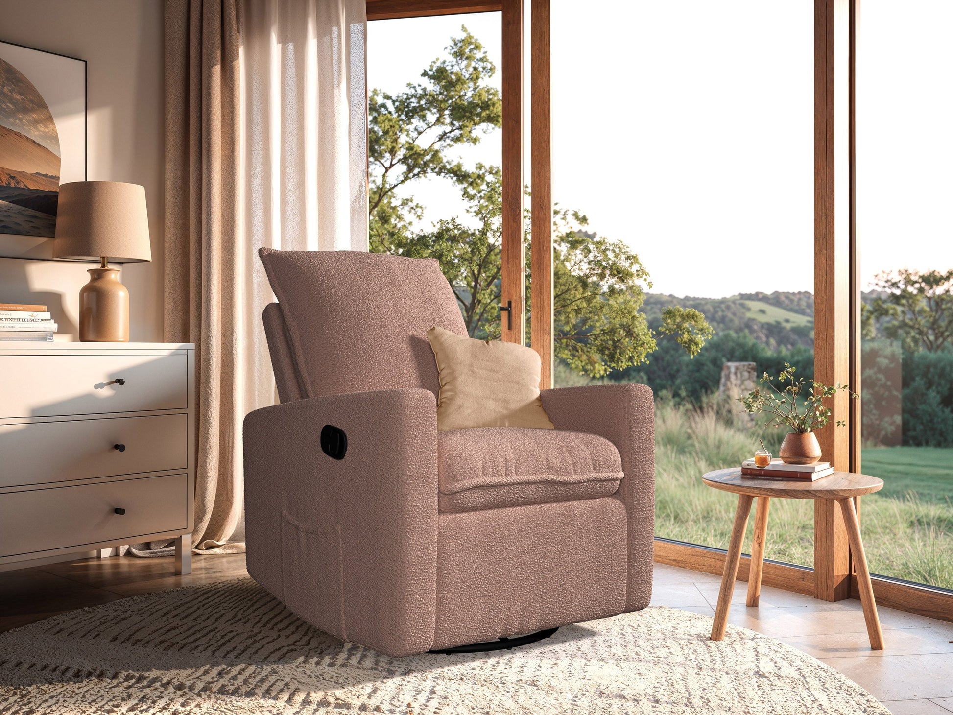 Pink boucle glider recliner chair with plush upholstery, smooth gliding mechanism, and ergonomic design. Ideal for modern living rooms or nurseries.
