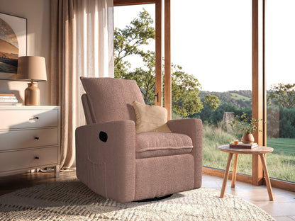 Pink boucle glider recliner chair with plush upholstery, smooth gliding mechanism, and ergonomic design. Ideal for modern living rooms or nurseries.