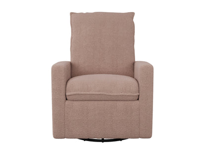 Pink boucle glider recliner chair with plush upholstery, smooth gliding mechanism, and ergonomic design. Ideal for modern living rooms or nurseries.