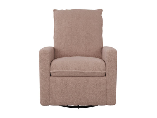 Pink boucle glider recliner chair with plush upholstery, smooth gliding mechanism, and ergonomic design. Ideal for modern living rooms or nurseries.