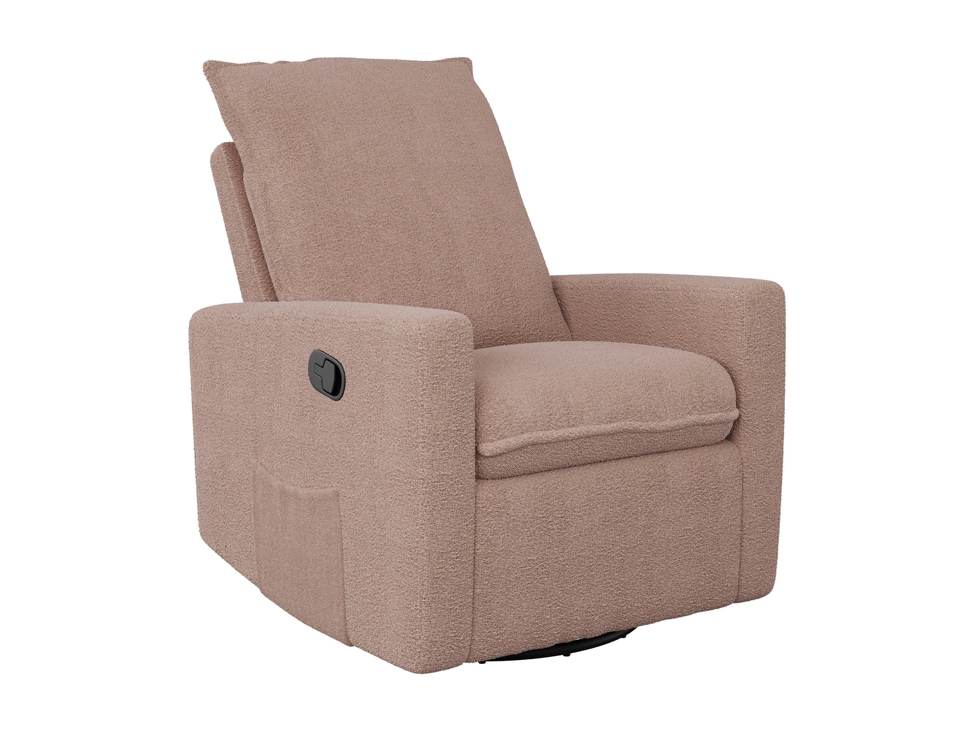 Pink boucle glider recliner chair with plush upholstery, smooth gliding mechanism, and ergonomic design. Ideal for modern living rooms or nurseries.
