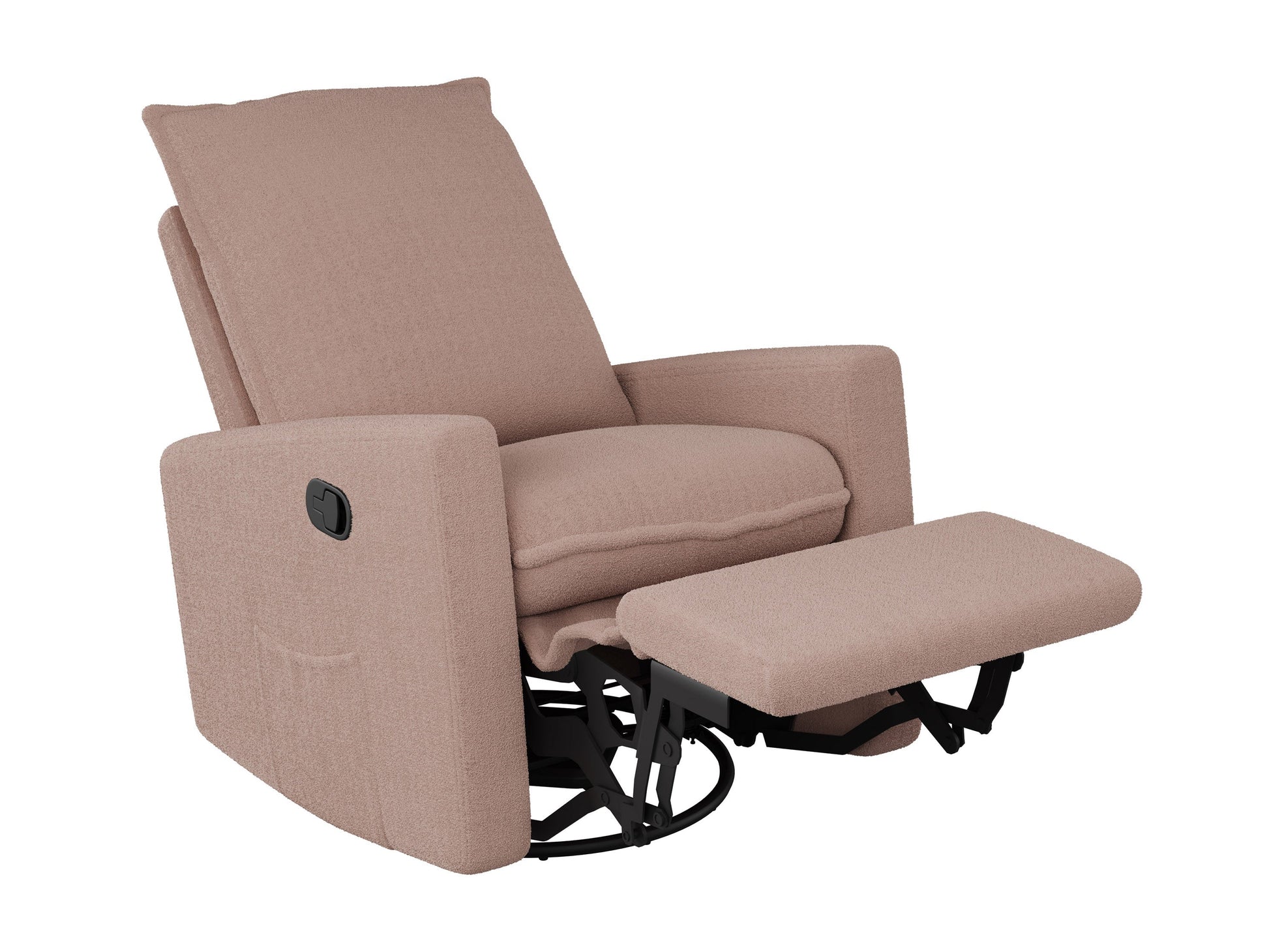 Pink boucle glider recliner chair with plush upholstery, smooth gliding mechanism, and ergonomic design. Ideal for modern living rooms or nurseries.