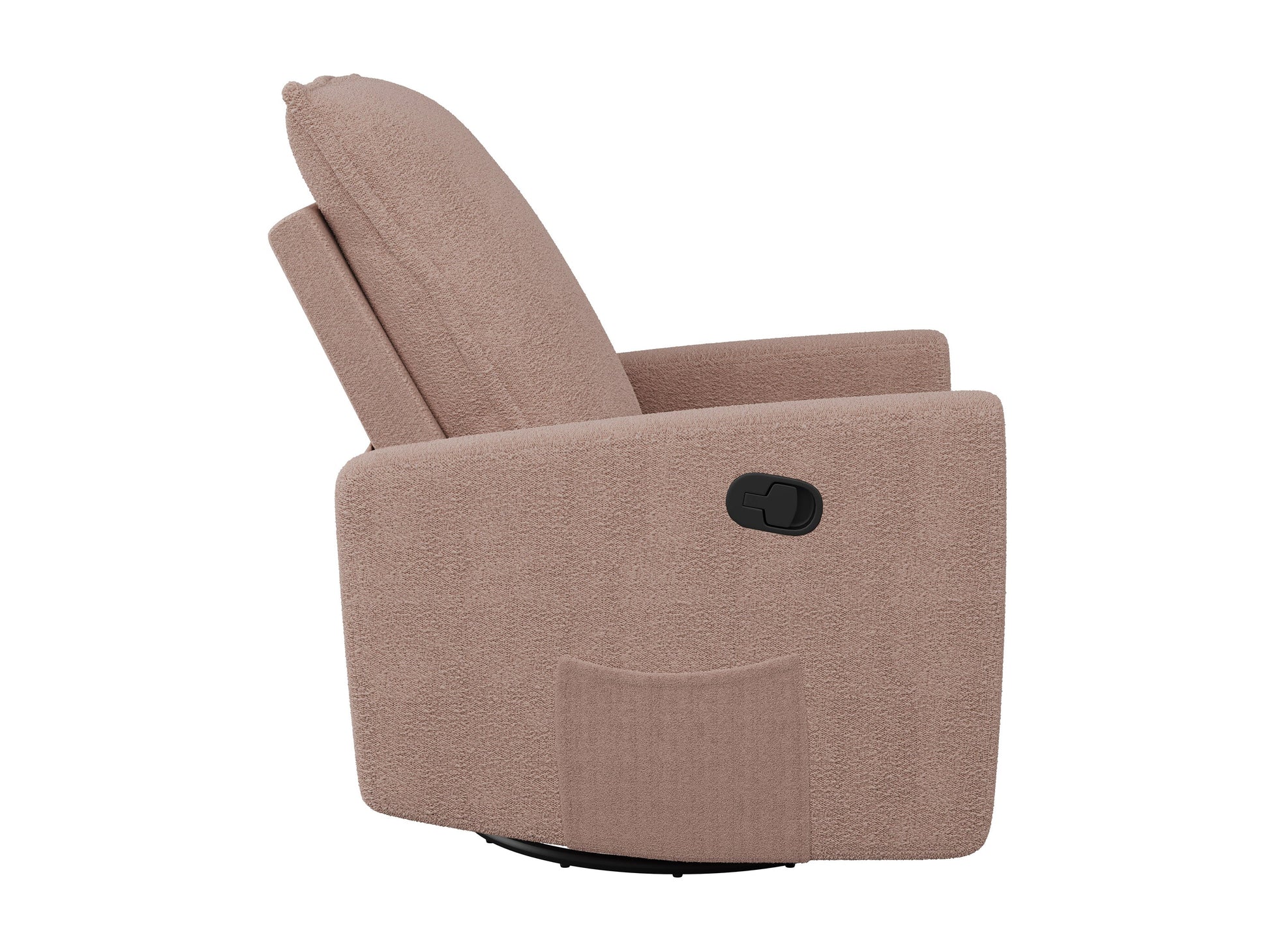 Pink boucle glider recliner chair with plush upholstery, smooth gliding mechanism, and ergonomic design. Ideal for modern living rooms or nurseries.