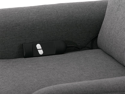 Medium grey power lift recliner with plush upholstery, ergonomic design, padded armrests, and remote control for easy adjustment. Ideal for elderly or mobility-challenged users seeking comfort and convenience.
