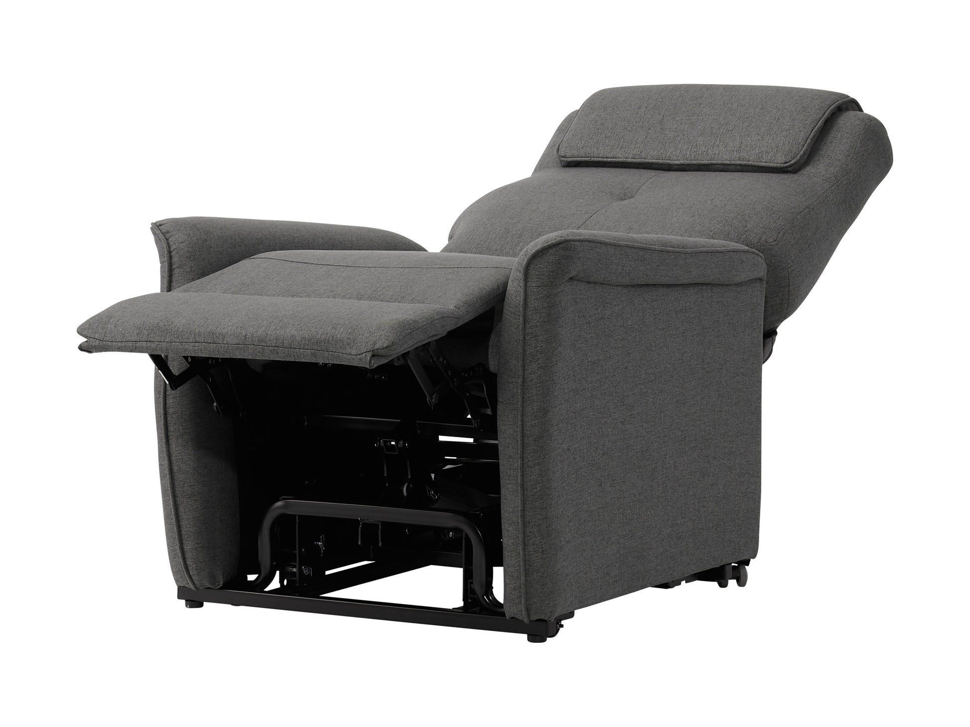 Medium grey power lift recliner with plush upholstery, ergonomic design, padded armrests, and remote control for easy adjustment. Ideal for elderly or mobility-challenged users seeking comfort and convenience.