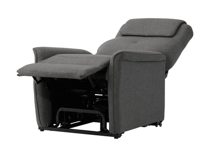 Medium grey power lift recliner with plush upholstery, ergonomic design, padded armrests, and remote control for easy adjustment. Ideal for elderly or mobility-challenged users seeking comfort and convenience.