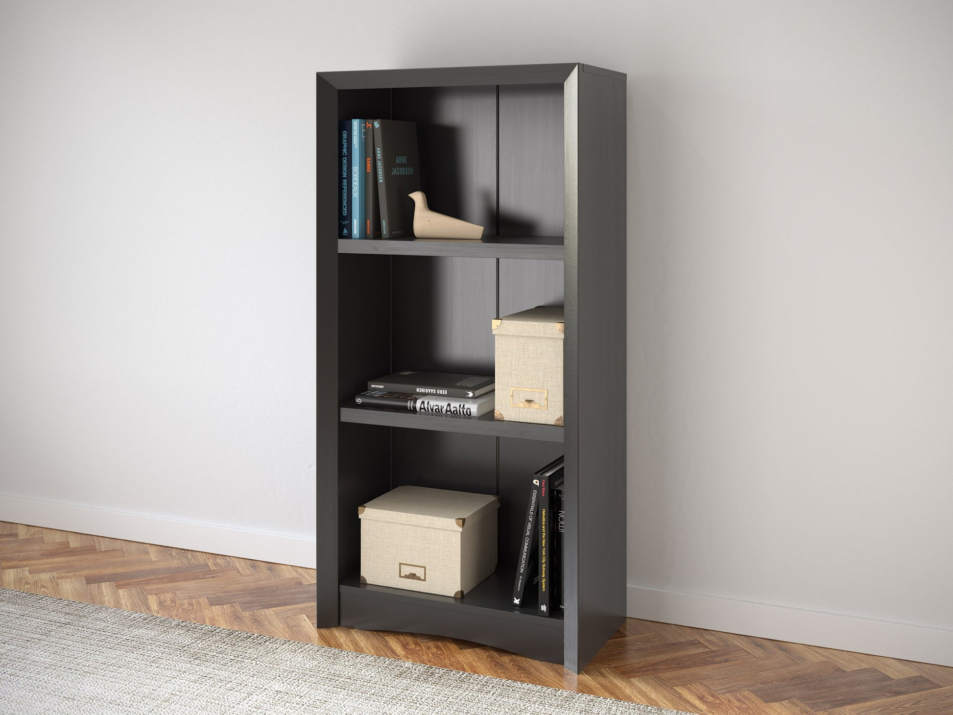 Black wooden 3-shelf bookcase with sleek modern design, adjustable shelves, and smooth finish. Ideal for home office or living room storage and display.