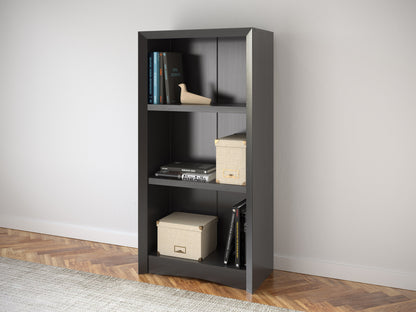 Black wooden 3-shelf bookcase with sleek modern design, adjustable shelves, and smooth finish. Ideal for home office or living room storage and display.