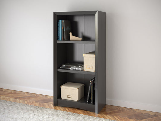 Black wooden 3-shelf bookcase with sleek modern design, adjustable shelves, and smooth finish. Ideal for home office or living room storage and display.