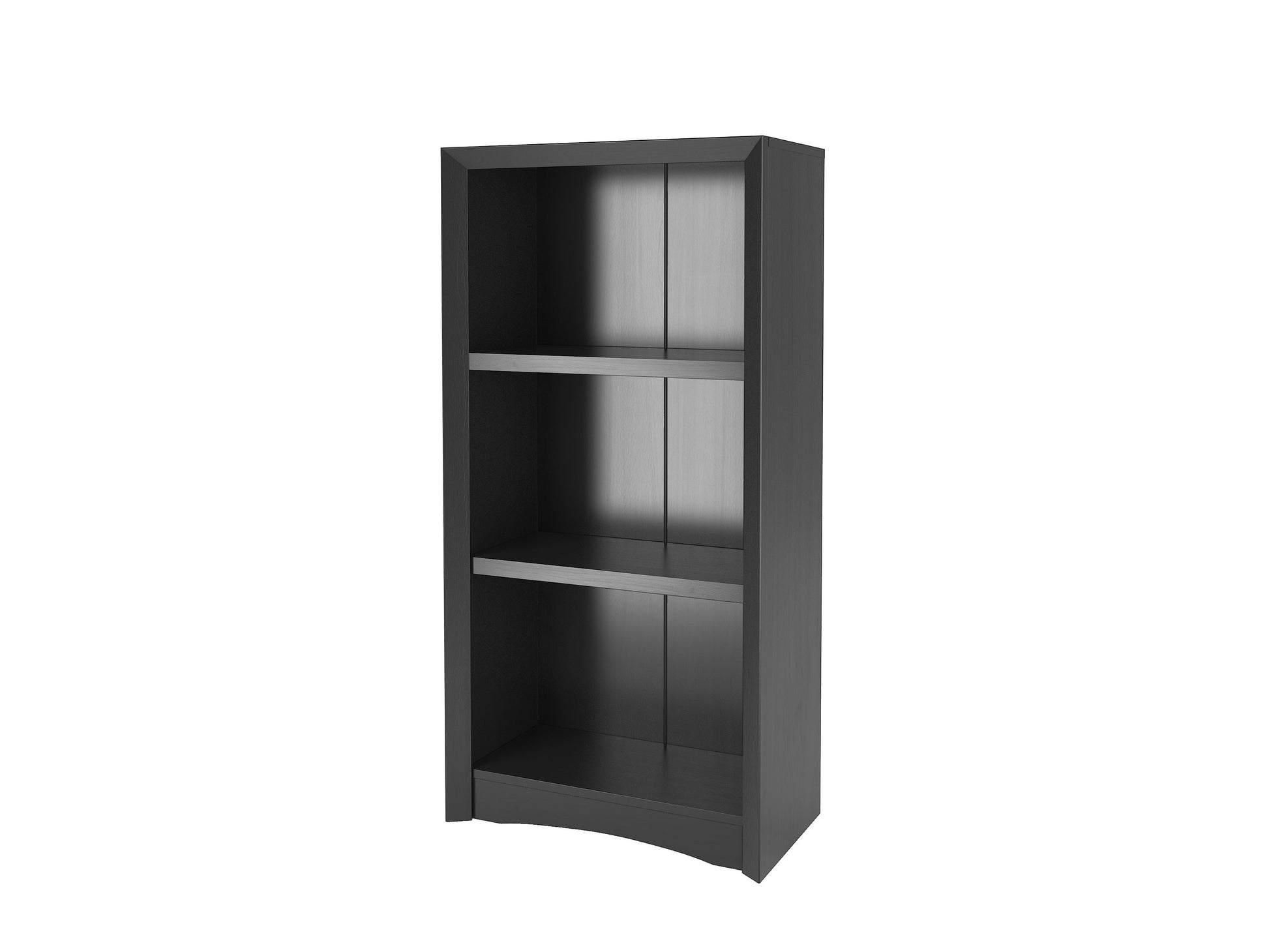 Black wooden 3-shelf bookcase with sleek modern design, adjustable shelves, and smooth finish. Ideal for home office or living room storage and display.