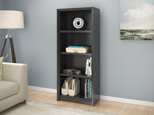 Black 4-shelf bookcase with a sleek design, made of sturdy wood, featuring adjustable shelves, smooth matte finish, and ample storage space for books, decor, and office supplies.