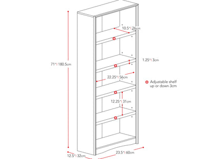 Black 5-shelf bookcase with sleek, modern design, featuring adjustable shelves, sturdy wooden construction, and smooth matte finish, perfect for organizing books, decor, and storage in any room.
