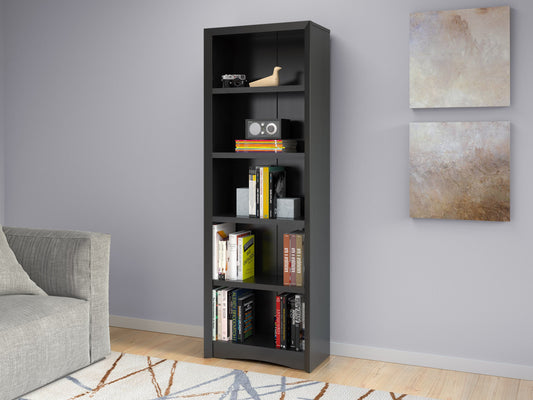 Black 5-shelf bookcase with sleek, modern design, featuring adjustable shelves, sturdy wooden construction, and smooth matte finish, perfect for organizing books, decor, and storage in any room.