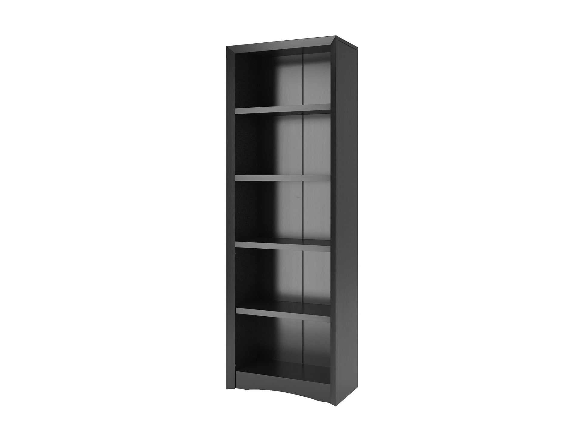 Black 5-shelf bookcase with sleek, modern design, featuring adjustable shelves, sturdy wooden construction, and smooth matte finish, perfect for organizing books, decor, and storage in any room.