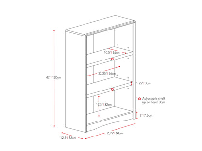 White 3 shelf bookcase with clean lines, modern design, and sturdy wooden construction. Ideal for organizing books, decor, and storage bins. Perfect for living rooms, bedrooms, or home offices.