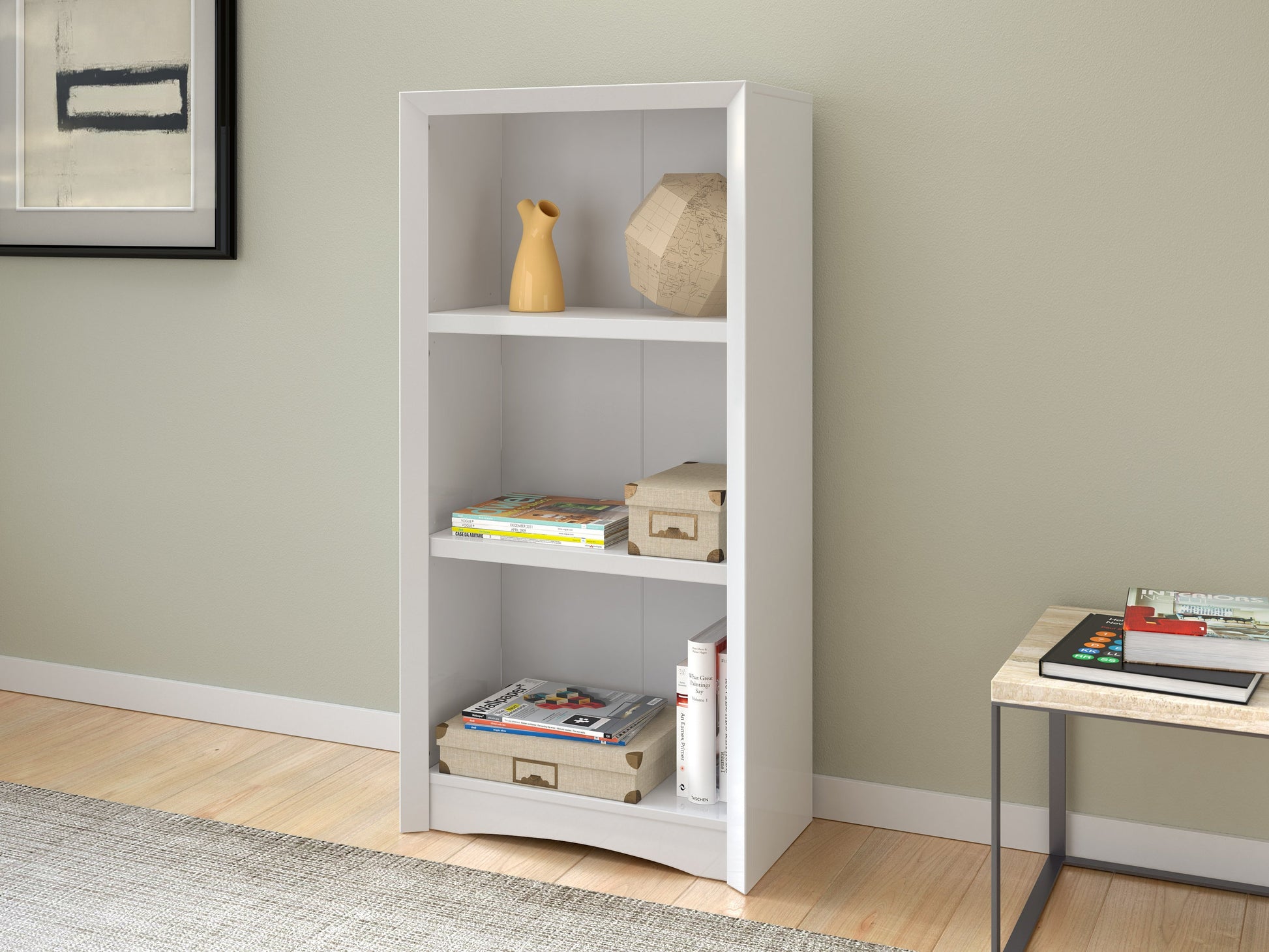 White 3 shelf bookcase with clean lines, modern design, and sturdy wooden construction. Ideal for organizing books, decor, and storage bins. Perfect for living rooms, bedrooms, or home offices.