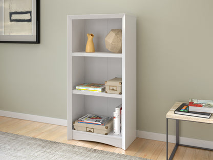 White 3 shelf bookcase with clean lines, modern design, and sturdy wooden construction. Ideal for organizing books, decor, and storage bins. Perfect for living rooms, bedrooms, or home offices.