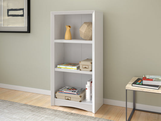 White 3 shelf bookcase with clean lines, modern design, and sturdy wooden construction. Ideal for organizing books, decor, and storage bins. Perfect for living rooms, bedrooms, or home offices.