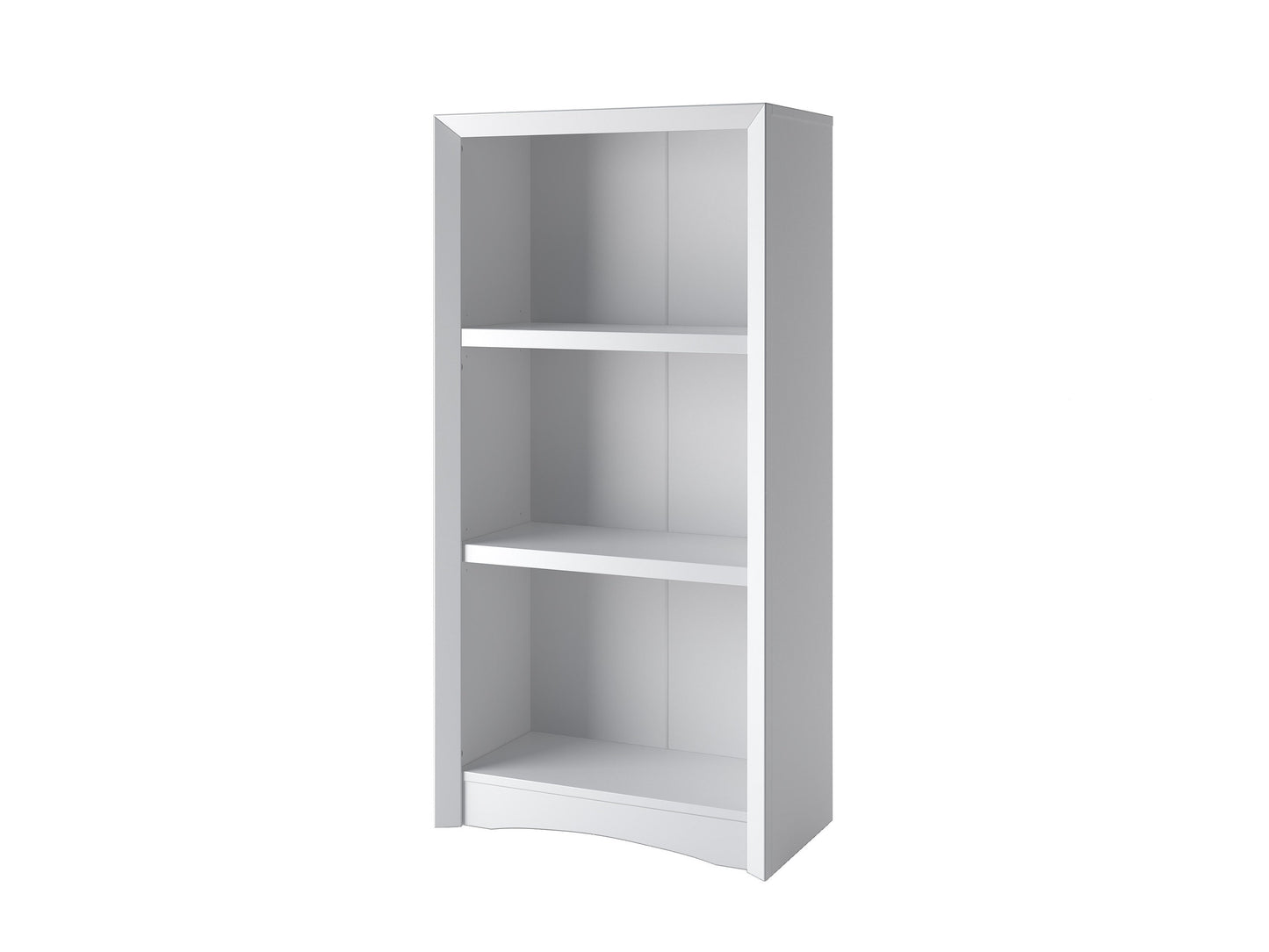 White 3 shelf bookcase with clean lines, modern design, and sturdy wooden construction. Ideal for organizing books, decor, and storage bins. Perfect for living rooms, bedrooms, or home offices.