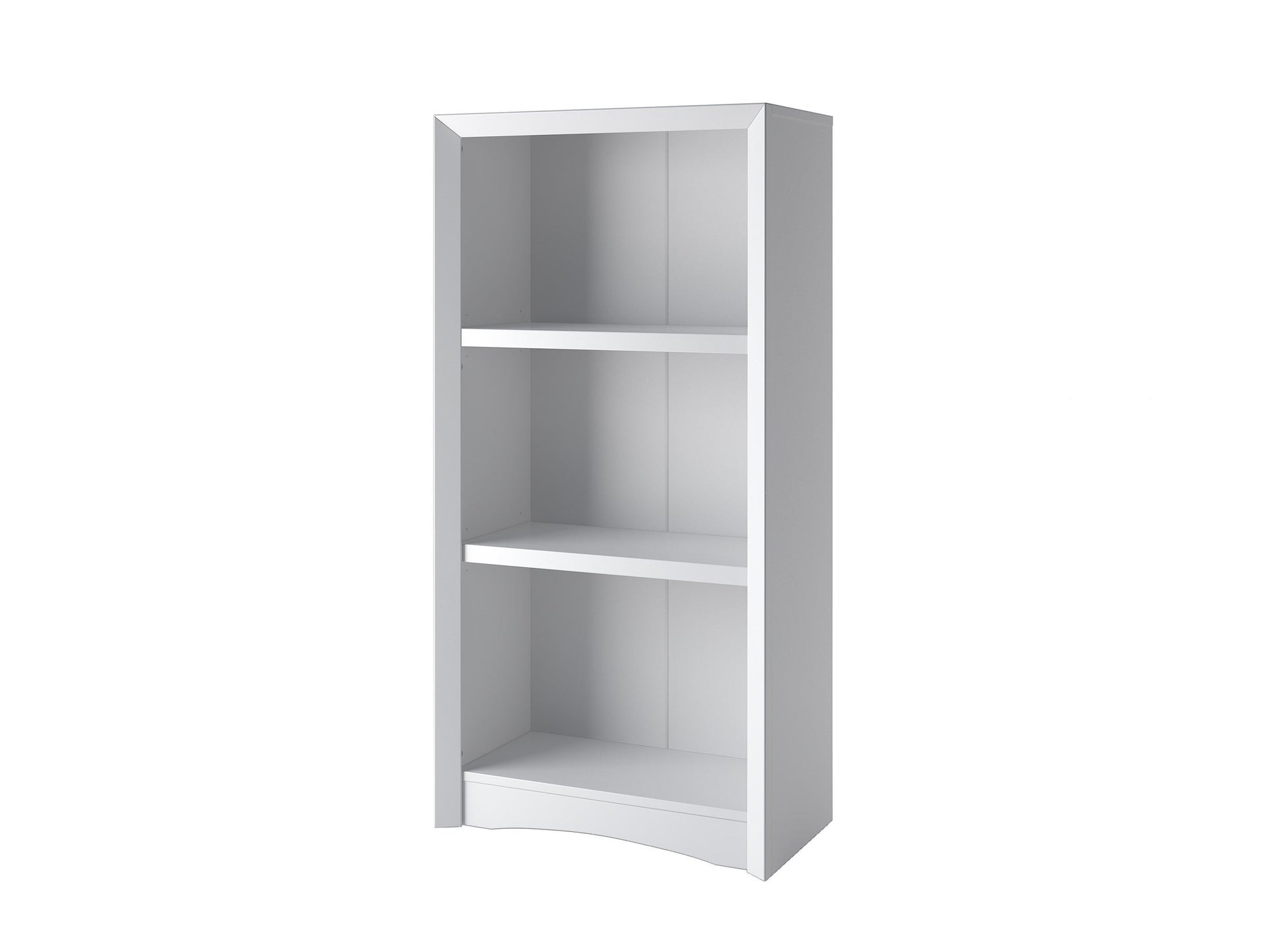 White 3 shelf bookcase with clean lines, modern design, and sturdy wooden construction. Ideal for organizing books, decor, and storage bins. Perfect for living rooms, bedrooms, or home offices.