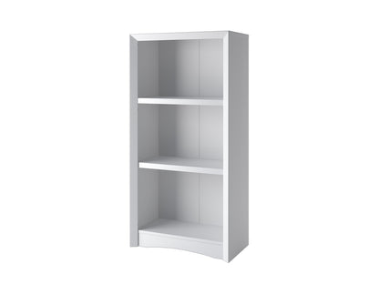 White 3 shelf bookcase with clean lines, modern design, and sturdy wooden construction. Ideal for organizing books, decor, and storage bins. Perfect for living rooms, bedrooms, or home offices.